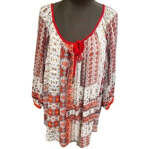 Zac & Rachel Women’s Lined Top 2X Multicolored Floral Round Neck Tie At Neck